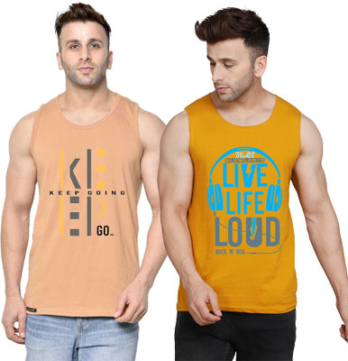 SLOWLORIS Printed Men Round Neck Yellow, White, Beige T-Shirt