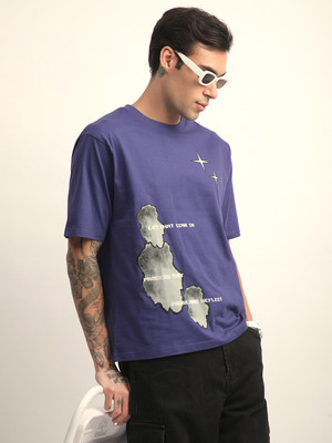 DIFFERENCE OF OPINION Printed Men Round Neck Dark Blue T-Shirt