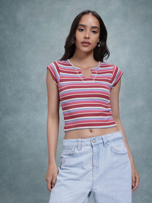 Roadster Striped Women Round Neck Red T-Shirt