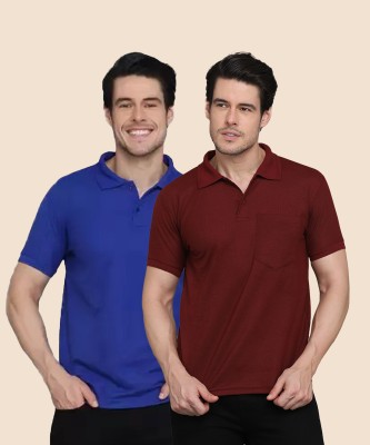 INKKR Solid Men Polo Neck Blue, Maroon T-Shirt