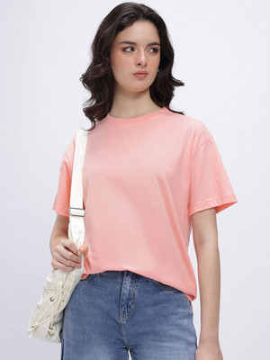 Glitchez Solid Women Round Neck Pink T-Shirt