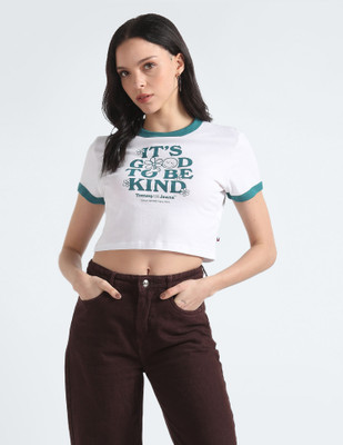 TOMMY HILFIGER Printed Women Round Neck White T-Shirt