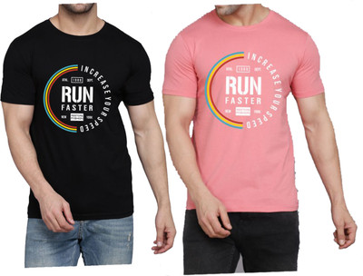 WOOSTRO Printed Men Round Neck Black, Pink T-Shirt