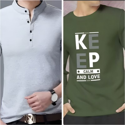 Jaqque Printed Men Henley Neck Grey, Dark Green T-Shirt