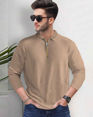 METRONAUT Self Design Men Polo Neck Brown T-Shirt