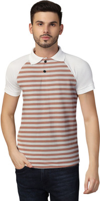 tfurnish Striped Men Polo Neck Maroon T-Shirt