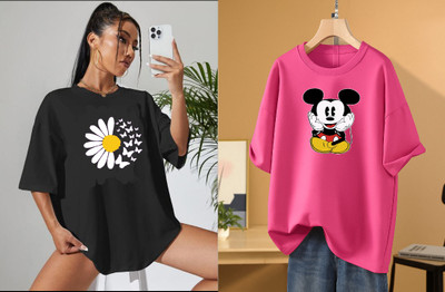 RAPTUROUS Printed Women Round Neck Black, Pink T-Shirt