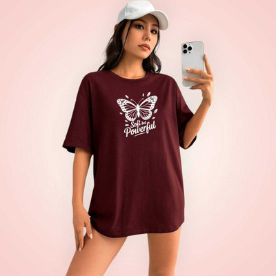 Stylicity Printed Women Round Neck Brown T-Shirt