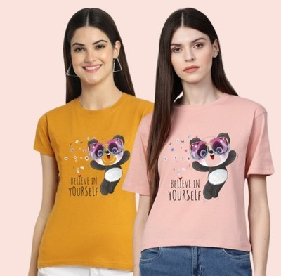 Lecowar Fashion Printed Women Round Neck Yellow, Pink T-Shirt