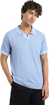 NOBERO Solid Men Polo Neck Light Blue T-Shirt