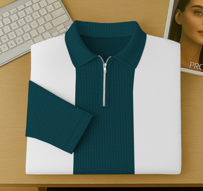 KAJARU Colorblock Men Zip Neck Dark Green T-Shirt