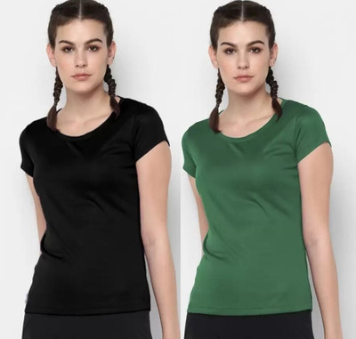 INDIZO Solid Women Round Neck Black, Green T-Shirt