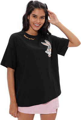 The Souled Store Graphic Print Women Round Neck Black T-Shirt