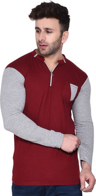 tfurnish Solid Men Mandarin Collar Maroon T-Shirt