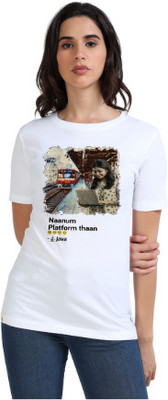 estuna Graphic Print Women Round Neck White T-Shirt