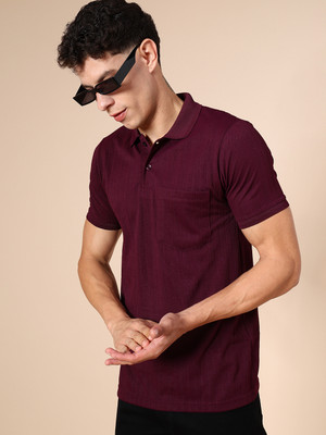 V-MART Self Design Men Polo Neck Maroon T-Shirt