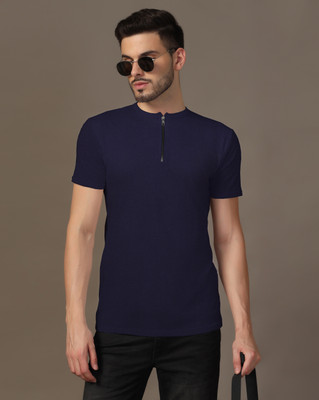 GEUM Solid Men Henley Neck Navy Blue T-Shirt