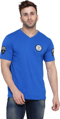 GEUM Solid Men V Neck Blue T-Shirt