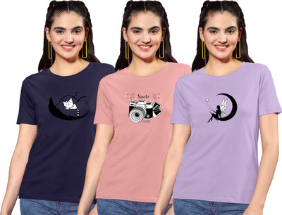 ZentWorld Graphic Print Women Round Neck Navy Blue, Beige, Purple T-Shirt