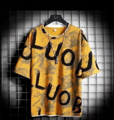 QUOOCO Printed Men Round Neck Yellow, Black T-Shirt