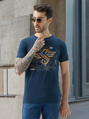 Status Quo Printed Men Round Neck Navy Blue T-Shirt