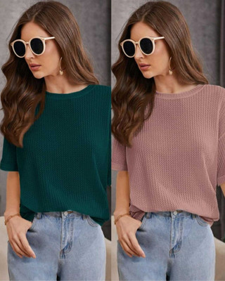 VDTREND Solid Women Round Neck Pink T-Shirt