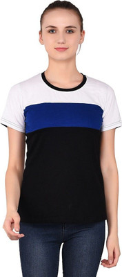 GEUM Colorblock Women Round Neck Dark Blue, White, Black T-Shirt