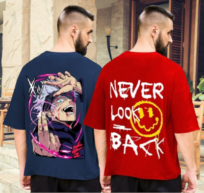 Drybe Fashion Typography, Graphic Print Men Round Neck Navy Blue, Red T-Shirt