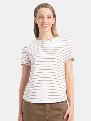 JOCKEY Striped Women Round Neck White T-Shirt