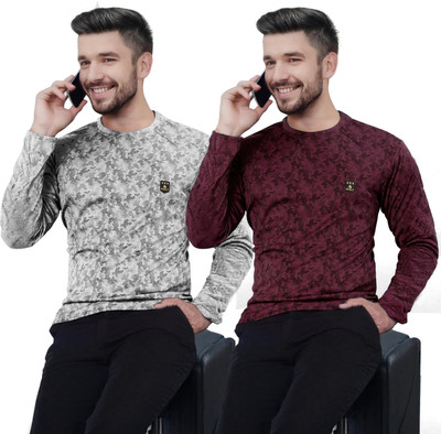AVOLT Printed Men Round Neck Maroon, White T-Shirt