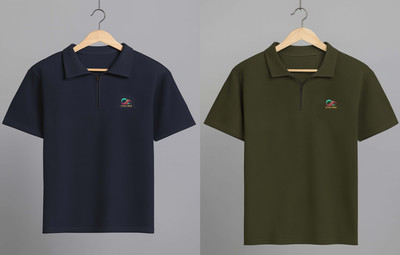 Stelino Self Design Men Polo Neck Blue, Light Green T-Shirt