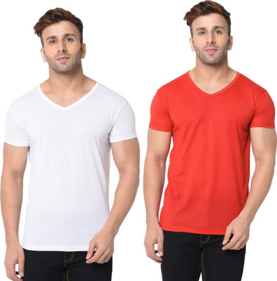 Adorbs Trend Solid Men V Neck Red, White T-Shirt