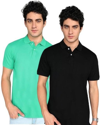 OLIVESQUARE Solid Men Polo Neck Light Green, Black T-Shirt