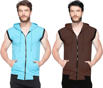 GAGCOBIA Striped, Solid Men Hooded Neck Light Blue, Brown T-Shirt