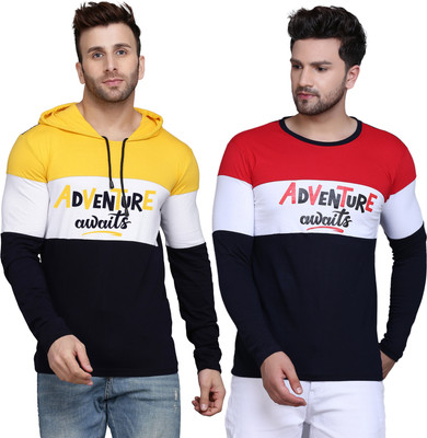 SLOWLORIS Printed Men Hooded Neck Yellow, Red T-Shirt
