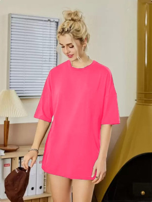 etsun Solid Women Round Neck Pink T-Shirt