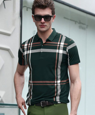 AOOSH Checkered Men Polo Neck Dark Green T-Shirt