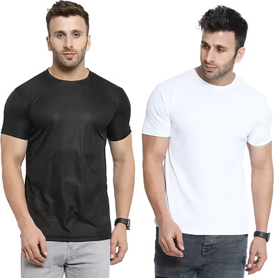 Think Tech Solid Men Round Neck Black, White T-Shirt