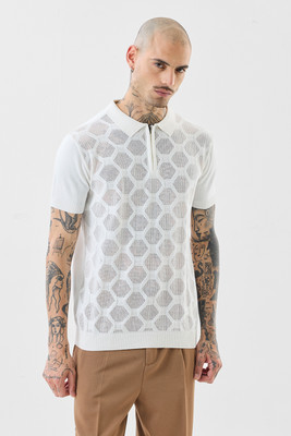 Snitch Self Design Men Polo Neck White T-Shirt