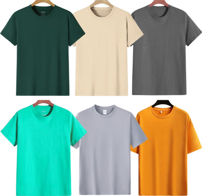 lalita creation Solid Men Round Neck Orange, Beige, Light Blue, Silver, Grey, Dark Green T-Shirt