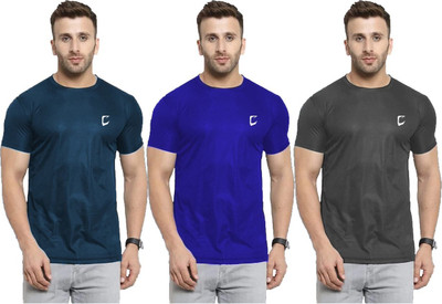 CRAVVEN Solid Men Round Neck Dark Blue, Light Blue, Grey T-Shirt
