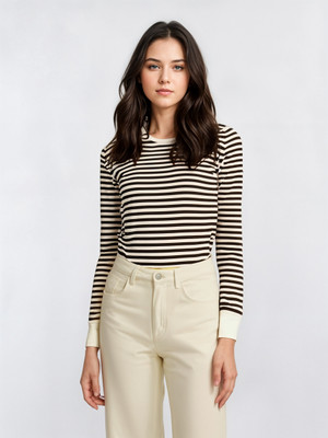 VIMAL JONNEY Striped Women Round Neck Brown, Black T-Shirt