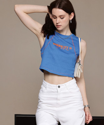 Roadster Printed Women Round Neck Blue T-Shirt