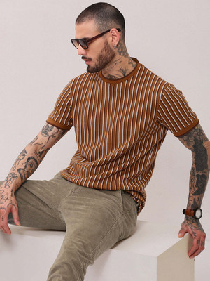 SHOWOFFFF Striped Men Round Neck Brown T-Shirt
