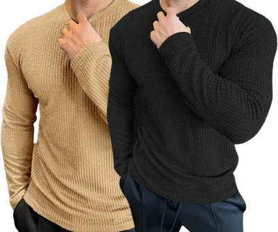HELMONT Solid Men Round Neck Beige, Black T-Shirt