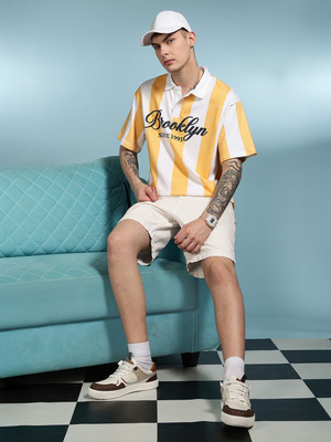 Eszett Striped Men Polo Neck Yellow T-Shirt