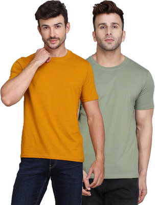Cryptic Solid Men Round Neck Green, Yellow T-Shirt