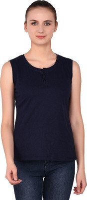GEUM Solid Women Henley Neck Dark Blue T-Shirt