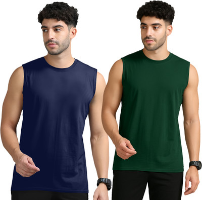 Adorbs Solid Men Round Neck Dark Blue, Dark Green T-Shirt