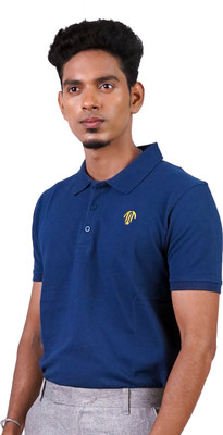 TITOO CLOTHING Embroidered, Solid, Self Design Men Polo Neck Navy Blue T-Shirt